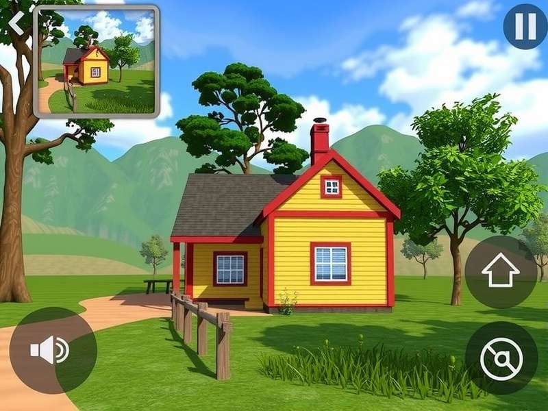 Chhattisgarh Cottage Comfort gameplay screenshot showing a virtual cottage and surrounding rural landscape